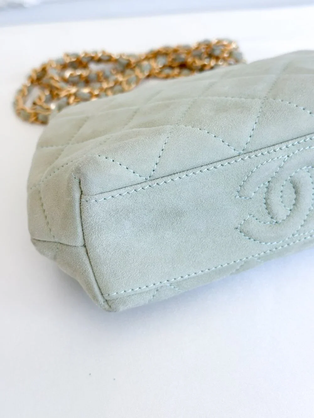 Vintage Chanel Quilted Suede Chain Frame Bag – Mint Green Kiss Lock Shoulder Bag